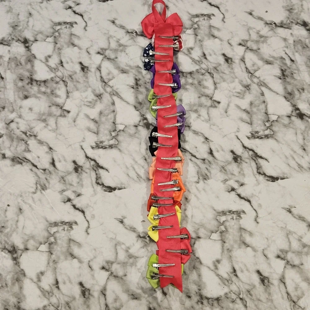 24 Girls Hair Bows Lot Solid Colors Patriotic Alligator Clips Pink Ribbon Hanger